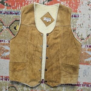 VTG Zamher Leather Gilet Snap Vest Men’s Large 80s Western Suede Sherpa Lined